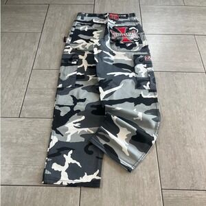 Interstate Grey Camo Baggy Cargo Pants Mens 30 Y2K Skater Iron Cross Patch 1038